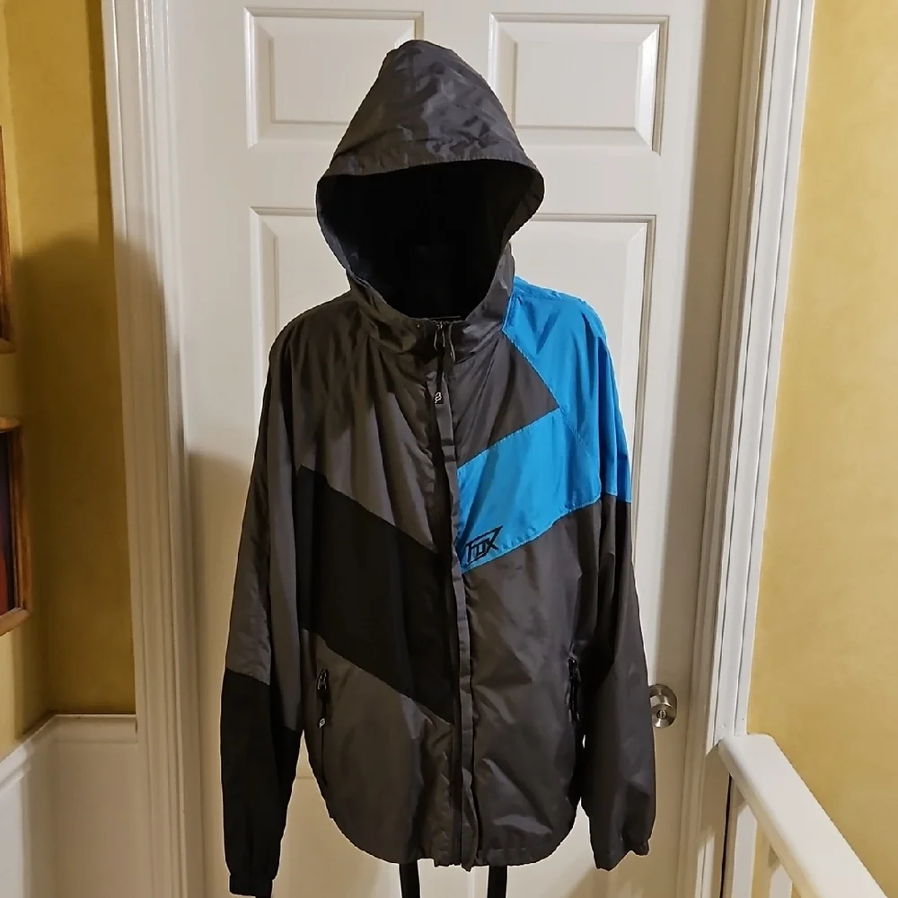 FOX RACING Men's Gray and Blue Windbreaker Jacket Coat w/ Hood -
